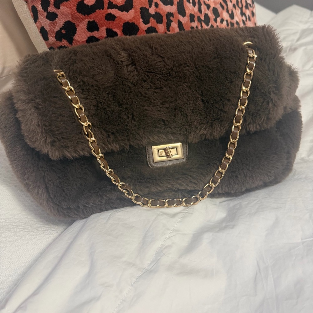 House of Harlow Brown Faux Fur Chain Bag